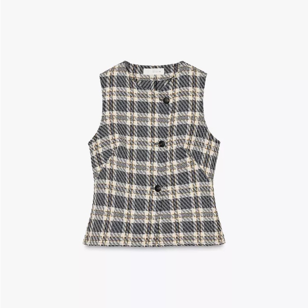 TEXTURED PLAID WAISTCOAT , Plaid Sleeveless Dress - Picture 5 of 6